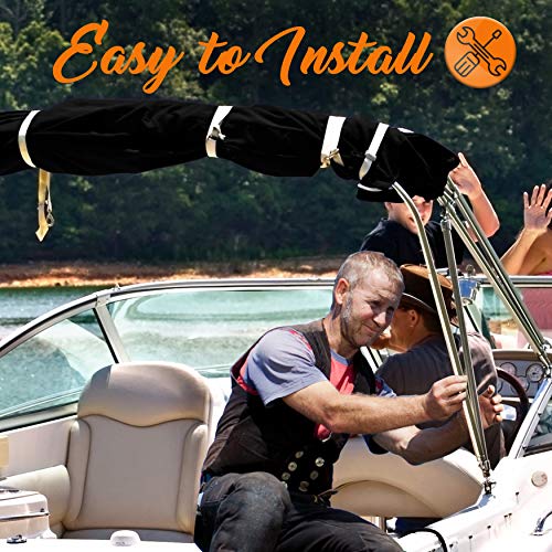 SereneLife Waterproof Boat Bimini Top Cover - 67-72" W 3 Bow Bimini Top Sun Shade Boat Canopy - 1" Double Wall Aluminum Frame Tubes, 2 Front Straps, 2 Rear Support Poles, Storage Boot SLBTW72G, Gray