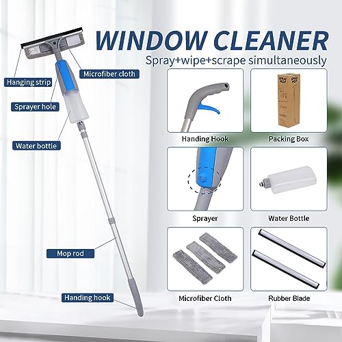 Window Squeegee Cleaner Tool with Spray, 3-in-1 Window Washer Cleaning Kit with Extension Pole, 74.8" Telescopic Window Wiper with Bendable Head, Glass Cleaning Tools for High Window Indoor/Outdoor