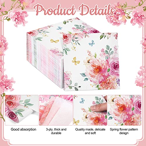 100 Pcs Spring Floral Napkins 3 Ply Flower Dinner Paper Guest Napkins Spring Flowers Disposable Paper Napkins Hand Towels for Spring Birthday Baby Shower Wedding Holiday Party Decor (6.5 x 6.5 Inch)