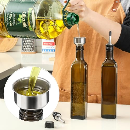 AOZITA 17oz Glass Olive Oil Dispenser - Oil and Vinegar Cruet Bottle with Stainless Steel Pourers - Funnel For Easy Refill - Olive Oil Carafe Decanter for Kitchen