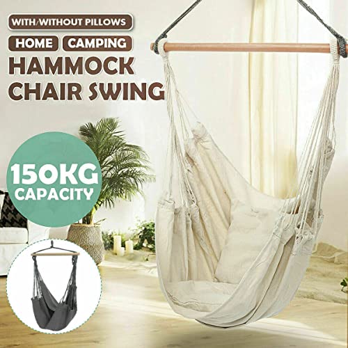 Portable Hanging Hammock Chair Swing Garden Outdoor Camping Soft Cushions (Beige with Pillow)