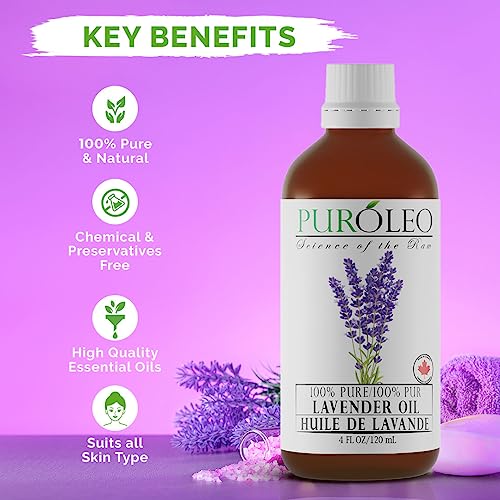 PURÓLEO Lavender Essential Oil, 4 FL OZ/120 ML (Large Bottle) 100% Pure Natural Undiluted, for Aromatherapy