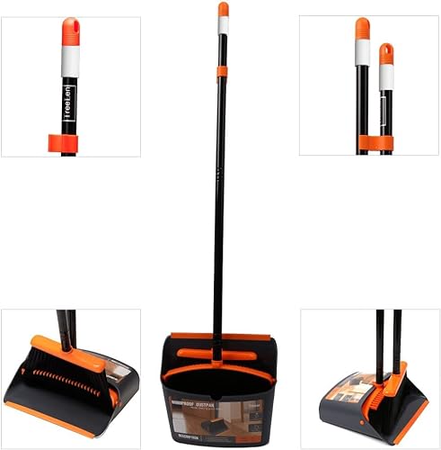 (Orange Broom and Dustpan) - TreeLen Dust Pan and Broom/Dustpan Cleans Broom Combo with 100cm Long Handle for Home Kitchen Room Office Lobby Floor Use Upright Stand up Dustpan Broom Set