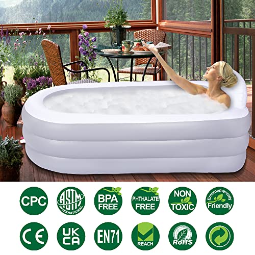 Inflatable Bathtub for Adults, 165cm × 86cm × 71cm Foldable Portable Bathtub, Blow Up Bath Tub with Backrest for Home Spa or Ice Bath(Gray White)… (No Pump)