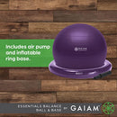 Gaiam Essentials Balance Ball & Base Kit, 65cm Yoga Ball Chair, Exercise Ball with Inflatable Ring Base for Home or Office Desk, Includes Air Pump - Purple