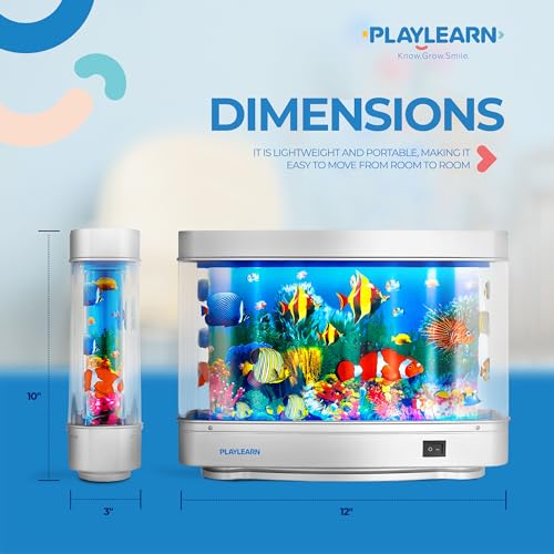 Playlearn USA Fake Fish Tank Mini Aquarium - Artificial Fish Tank with Moving Fish - Fake Aquarium Lamp - Perfect Sensory Lamp, Grey Base