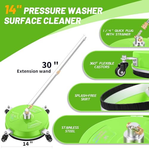 14" Pressure Washer Surface Cleaner with 4 Wheels - Coated Green Stainless Steel Surface Cleaner for Pressure Washer Attachment for Concrete, Patio, Sidewalk, Deck and Driveways - PWS14G