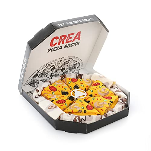 CREA SOCKS - Ladies Mens Pizza Socks Box Mixed Mushroom Sausage Olive Hot Peppers - 4 Pairs, gold, 36-40