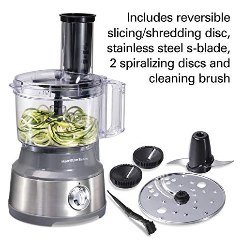 Hamilton Beach Food Processor & Vegetable Chopper for Slicing, Shredding, Mincing, and Puree, 10 Cups + Veggie Spiralizer makes Zoodles/Ribbons, Stainless Steel