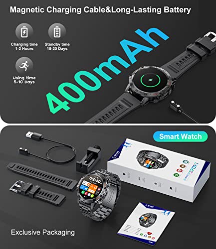 Smart Watch for Men Bluetooth Calls,1.39"HD Militarily Fitness Tracker with Heart Rate Sleep Monitor,100+Sports Modes,IP68 Waterproof,400mAh Sports Smart Watch for Android iOS Black