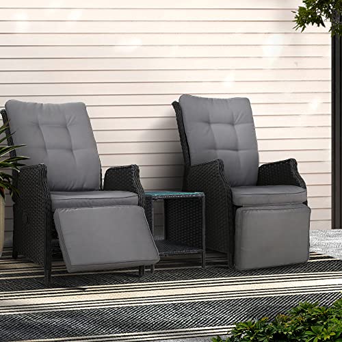 Gardeon Recliner Chairs 3 Piece Wicker Sun Lounger Reclining, Outdoor Lounge Setting Patio Furniture Bistro Set Garden, with Coffee Table Cushions Ottoman Adjustable Backrest and Footrest Black