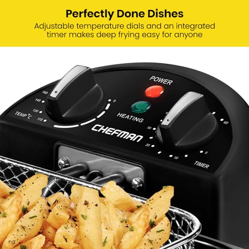 Chefman 4.5 Litre Deep Fryer w/Basket Strainer, XL Jumbo Size, Adjustable Temperature & Timer, Perfect for Fried Chicken, Shrimp, French Fries, Chips & More, Removable Oil-Container, Stainless Steel