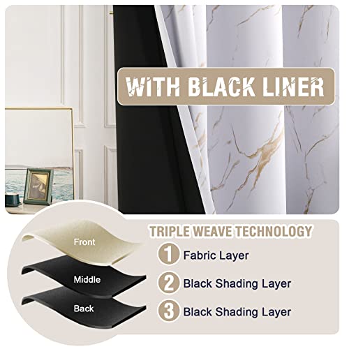 Smarcute 100% Blackout Curtains Marble Designs Printed Drapes Thermal Curtains for Bedroom with Black Liner Sound Proof Curtains 2 Panels Set，Each W132cm x D160cm, Gold