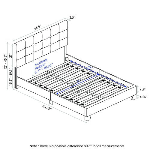 Furinno Laval Double Row Nail Head Upholstered Platform Bed Frame, Queen, Stone