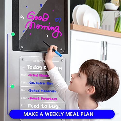 2 PCS 9"x13" Clear Weekly Meal Planner Magnetic Acrylic Board,Acrylic Magnetic Dry Erase Board for Fridge, Magnet Week Calendar for Refrigerator Includes 6 Colors Markers and Pen Container