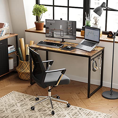 Vasagle Computer Desk, Writing Desk, Home Office Desk with 8 Hooks, 120 x 60 x 75 cm, for Study and Bedroom, Easy Assembly, Steel, Industrial Design, Rustic Brown and Black