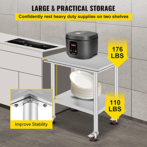 Mophorn Stainless Steel Catering Work Table 76(L) x60(W) x80(H) cm Commercial Work Table with 4 Wheels Commercial Food Prep Workbench with Flexible Adjustment Shelf for Kitchen Prep Table