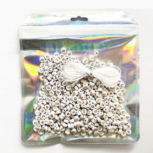 364 Pieces 4x7mm White Round Acrylic with Gold Alphabet Letter Beads (A-Z), Number and Heart Pattern Beads, 1 Elastic Roll for Jewelry Making, Bracelets Necklaces Key Chains