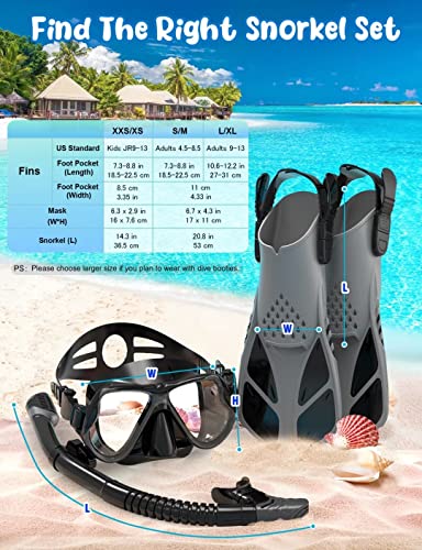 Zenoplige Mask Fins Snorkel Set Adults Men Women, Swim Goggles 180 Panoramic View Anti-Fog Anti-Leak Dry Top Snorkel and Dive Flippers Kit with Gear Bag for Snorkeling Swimming Scuba Diving Training