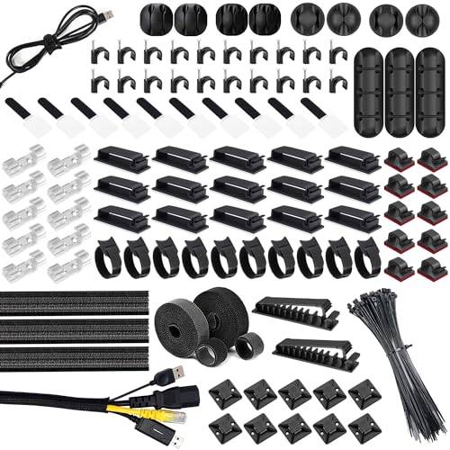 204 Pcs Cable Management Organizer Kit, Necomi Cable Organizer for Home and Office, Useful for Power Cord, USB Cable, TV Cable, PC, Desktop Cable clips bundle