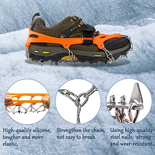 Crampons Ice Cleats Traction Snow Grips for Boots Shoes Women Men Kids Anti Slip 19 Spikes Stainless Steel Microspikes for Hiking Fishing Walking Climbing Mountaineering (M/L/XL) (Orange, XL)