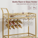 IDEALHOUSE Gold Bar Cart, 2 Tier Bar Carts for The Home, Bar Carts with 4 Wheels, White Marble Finish Wood Shelf , Wine Rack & Glass Holder for Kitchen, Living Room, Dining Room