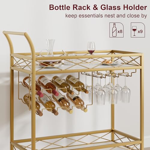 IDEALHOUSE Gold Bar Cart, 2 Tier Bar Carts for The Home, Bar Carts with 4 Wheels, White Marble Finish Wood Shelf , Wine Rack & Glass Holder for Kitchen, Living Room, Dining Room