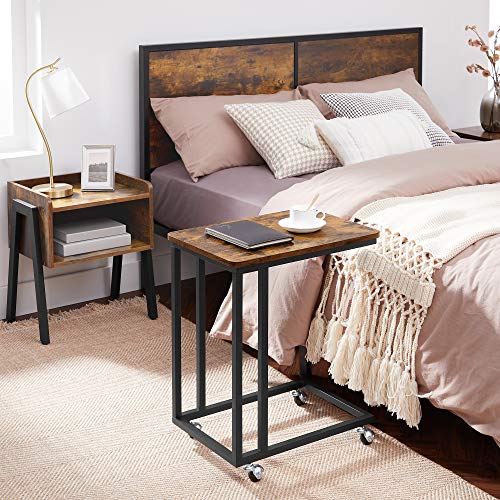 Vasagle End Table, Side Table, Coffee Table, with Steel Frame and Castors, Easy Assembly, Industrial, for Living Room, Bedroom, Balcony, Rustic Brown and Black