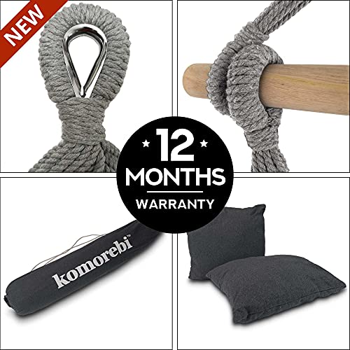 KOMOREBI Hammock Chair | Hanging Rope Swing for Indoor & Outdoor | Soft & Durable Cotton Canvas | 2 Cushions Included | Large Macrame Hanging Chair with Pocket for Bedroom, Patio, Porch (Grey)