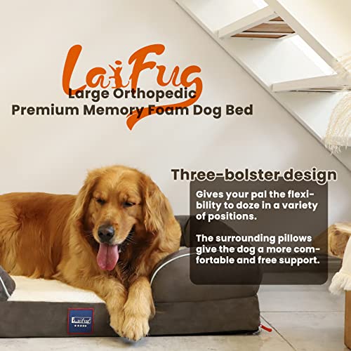 Laifug Large Orthopedic Premium Memory Foam Dog Bed, with Washable and Removable Suede Cover, Waterproof Liner and Non-Slip Bottom Protect The Dog Bed, Grey, Large(38''x30''x9'')