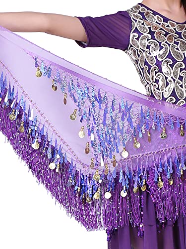 ZLTdream Belly Dance Tassels Sparkle Sequin Triangle Hip Scarf Wrap Skirt with Coins for Rave Women Outfit Dancing Costume, Purple, One size