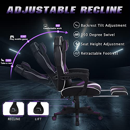 Zeanus Gaming Chair for Adults Purple Gaming Chairs Reclining Computer Chair with Footrest for Heavy People Gamer Chair with Massage Ergonomic PC Gaming Chair Racing Chair for Gaming Big and Tall
