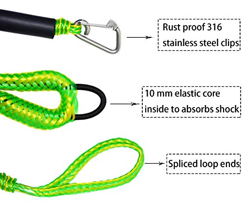 Dirtech Bungee Boat Dock Lines with Hook 4 Feet Green Dockline Mooring Rope Boat Accessories Docking Lines PWC Shock Cords for Boats Kayak, Jet Ski, Pontoon, Canoe, Power Boat