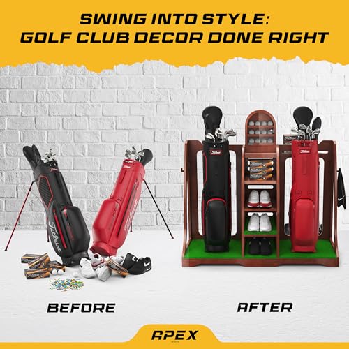 Apex Sports Golf Bag Organizer - Handcrafted Wood Design, Golf Bag Stand, Ball Display, Golf Storage Shelves, Golf Garage Rack (Cherry)