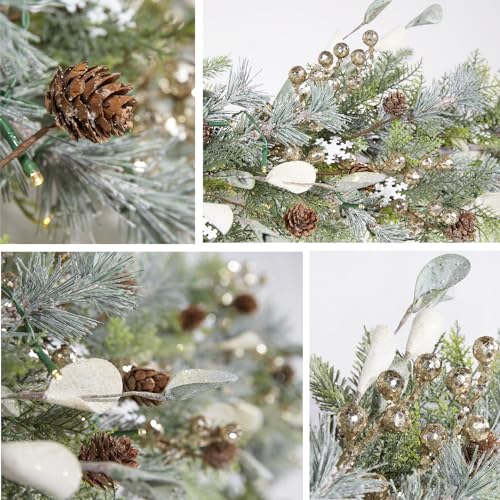 WBHome 6ft Pre-lit Mixed Snowy Norway Spruce & Pine Branch with Shimmy Berries Mantle Prelit Christmas Garland, Winter Flocked Garland for Christmas Holiday Seasonal Indoor/Outdoor Home Decor Mantle