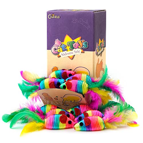 Chiwava 24PCS 5" Rattle Cat Toys Mice with Feather Rainbow Rope Mouse Kitten Interactive Toy Assorted Color