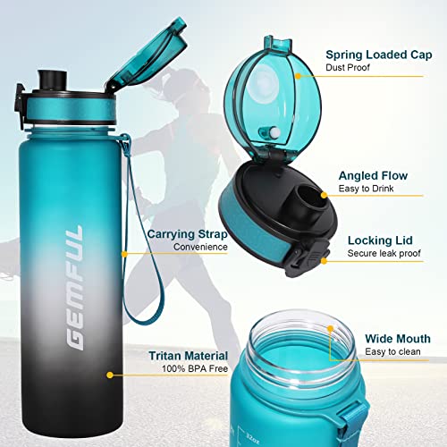 GEMFUL 1L Water Bottle with Motivational Time Marker with Straw Tritan BPA Free Drink Bottles for Fitness Gym and Sports