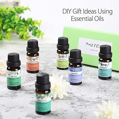 PHATOIL Essential Oils Set 6 x 10ml, Lavender, Tea Tree, Eucalyptus, Lemongrass, Orange, Peppermint, Massage, Diffuser, Humidifier, Aromatherapy