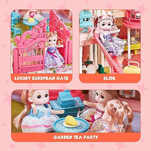 KIDBOT 62CM Tall DIY Miniature Doll House Barbie Dream Play Furniture Playhouses Toys Dollhouse Princess Castle Light Music DIY,with 14 Rooms 4 Stories,String Light & Music