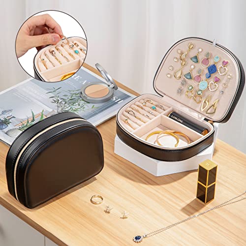 ProCase Portable Jewelry Box, Small Travel Double Layer PU Leather Mini Jewelry Display Case Earring Necklace Bracelet Ring Organizer Holder Box for Women Girl -Black