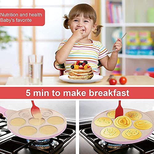 Kids Pancake Maker Pan, 7-Cup Animal Pancake Mold, Nonstick Grill Pan, Mini Blini Pancakes Mold for Children, 10 Inch, Frying Pan Omelet Pan for Burger Eggs Ham Pancake Maker With Silicone Brush (Pink)