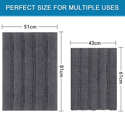 Smarcute Chenille Bath Mat Non Slip Bath Mat Set for Bathroom Extra Thick Soft Striped Bath Rug Water Absorbent Shag Carpet for Bathroom - (2 Piece - 50cm x 81cm / 43cm x 61cm) Grey