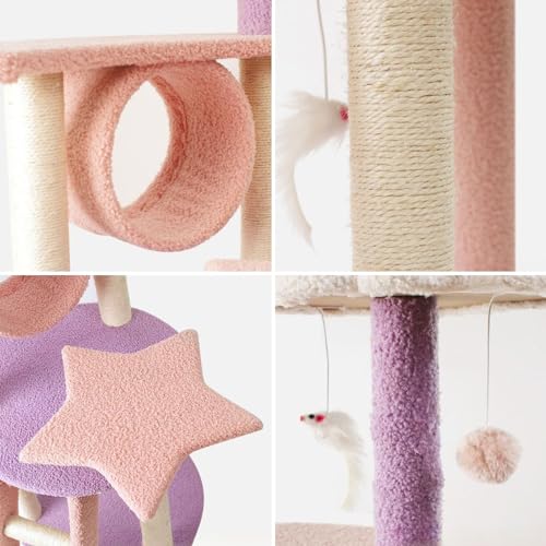 Floofi 101cm Galaxy Plush Multi-Level Cat Condo Cat Tree Play House Tower Scratching Post Pink Purple