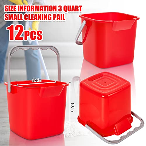 Irenare 12 Pcs 3 Quart Sanitizer Bucket Cleaning Bucket Plastic Red Square Bucket with Outlet and Handles, Small Utility Bucket for Kitchen School Home Offices Commercial Use Food Service (Red)