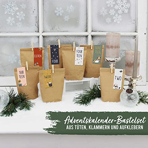 Advent Calendar for Filling – 24 Gift Bags and 24 Number Stickers and Clips – English Motif – for Filling and Crafting – Christmas – Mini Set No. 272