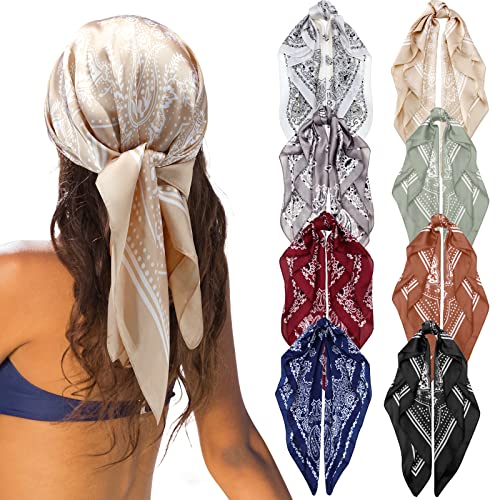 Zhanmai 8 Pcs 27.5 x 27.5 Inch Square Satin Head Scarves Women Silk Bandana Hair Scarves Hair Wrap Neck Scarf for Sleeping, Elegant Pattern, 27.56 x 27.56 inches