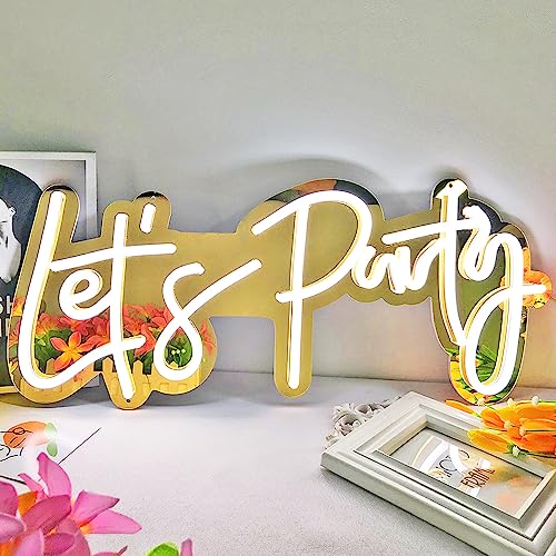 Let's Party Neon Sign for All Party Decoration,Gold Mirror Plate Led Neon Signs Party with Dimmable Switch for Bar Wall Decor Birthday Holiday 23x10Inch (White)