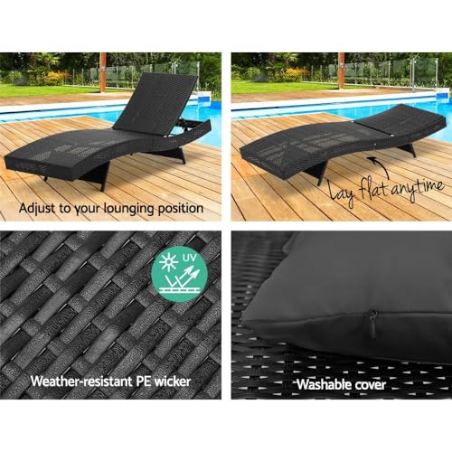 Gardeon Set of 2 Sun Lounge Camping Chair Wicker Lounger Rattan Day Bed, Chaise Beach Chairs Outdoor Furniture Garden Patio Setting Pool Backyard, Pillow Adjustable Backrest Black.