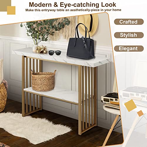 Giantex 2-Tier Console Table, White Faux Marble Sofa Table w/Open Shelf, Gold Steel Frame, Modern Entryway Table Compact Rectangular Foyer Table, Narrow Couch Table for Living Room, Hallway