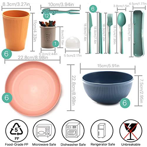 60pcs Wheat Straw Dinnerware Serving Sets for 6,Unbreakable Dinner Dishes,Colorful Lightweight Plates Bowls Cups Sets, Perfect for Camping, Picnic, Party, RV, Outdoor Barbecue, Microwave & Dishwasher Safe